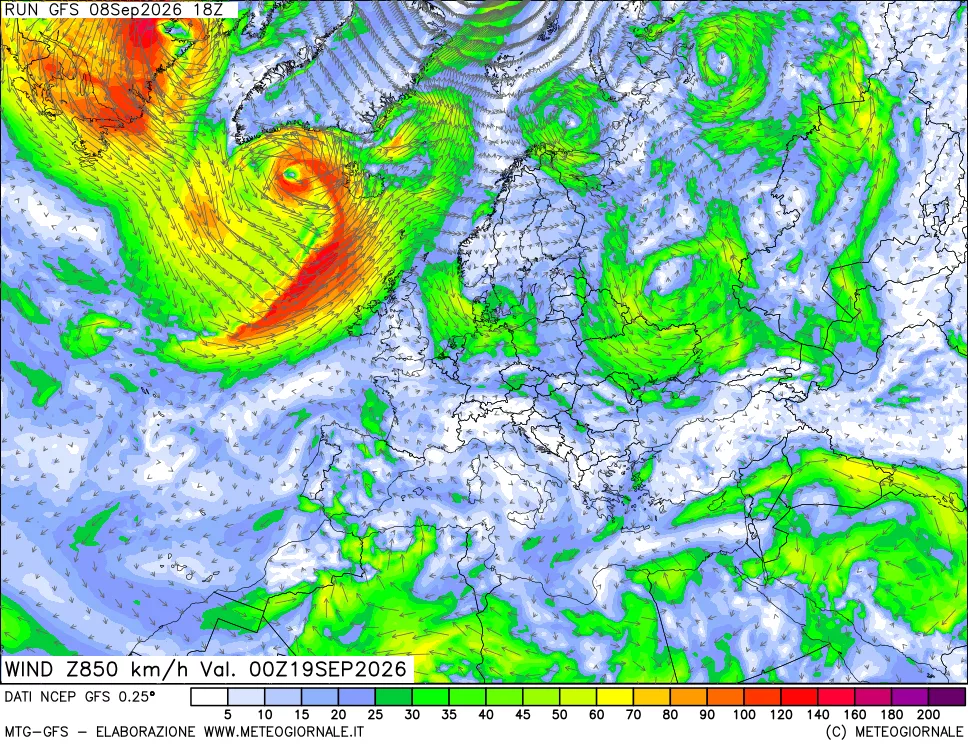 mappa 850 hPa Vento forza e direzione