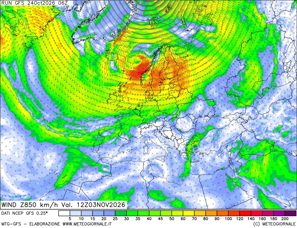 mappa 850 hPa Vento forza e direzione