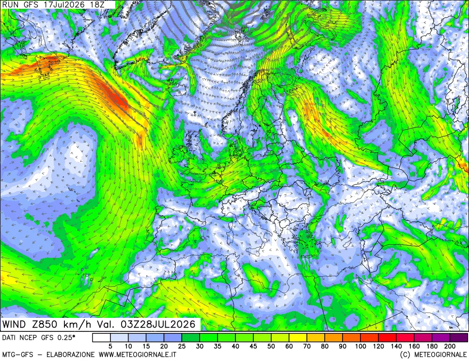 mappa 850 hPa Vento forza e direzione