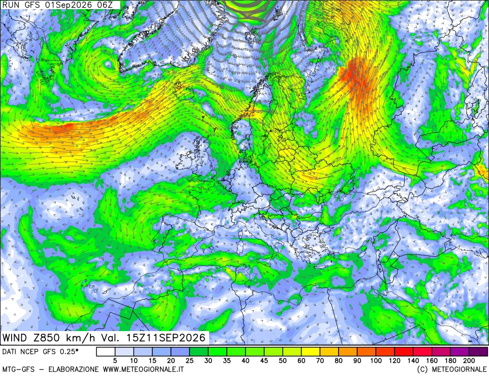 mappa 850 hPa Vento forza e direzione