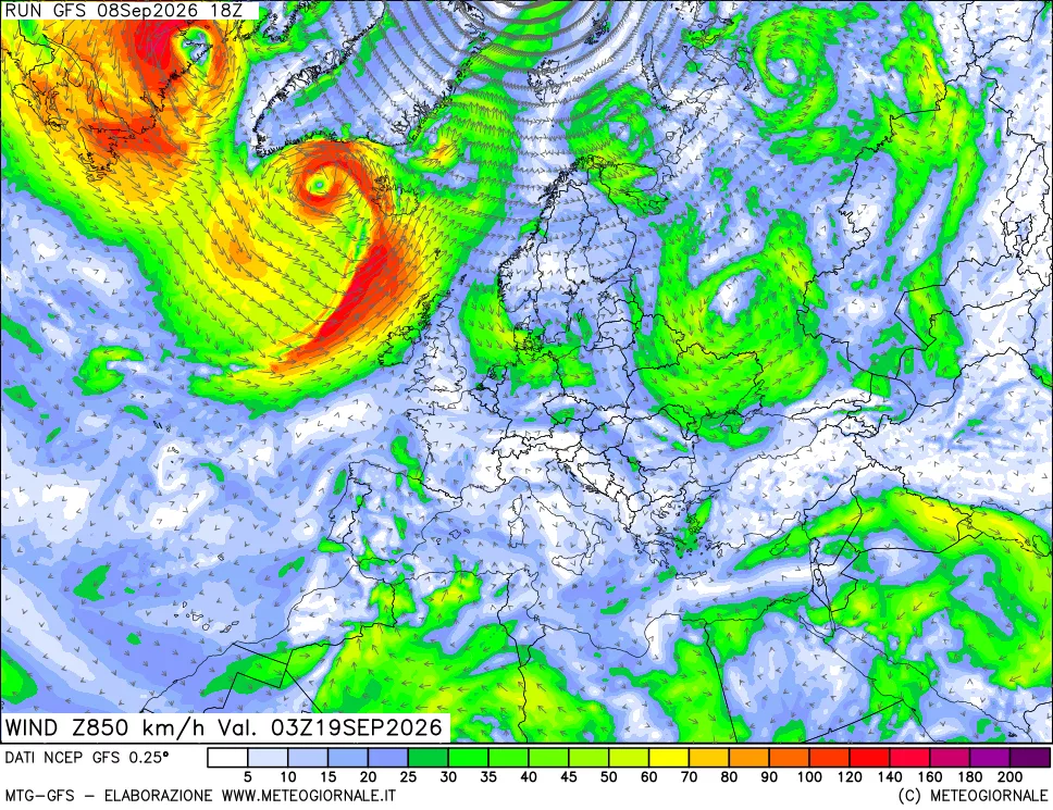 mappa 850 hPa Vento forza e direzione