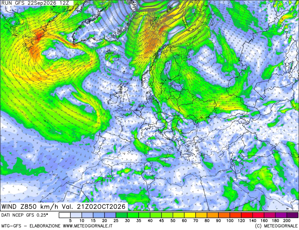 mappa 850 hPa Vento forza e direzione