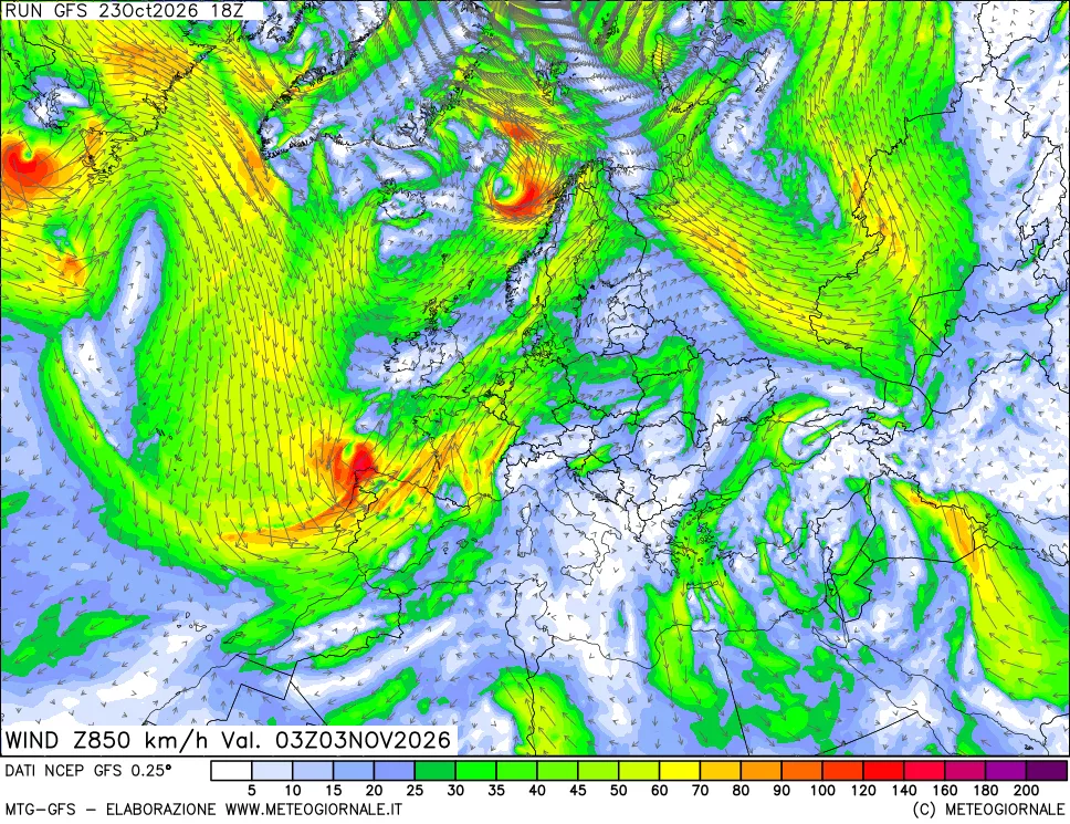mappa 850 hPa Vento forza e direzione