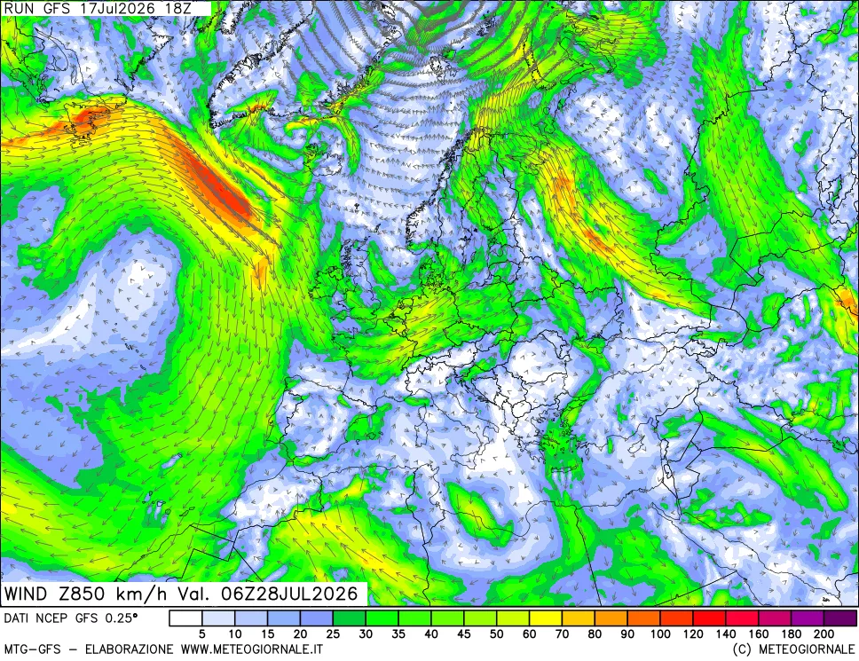 mappa 850 hPa Vento forza e direzione