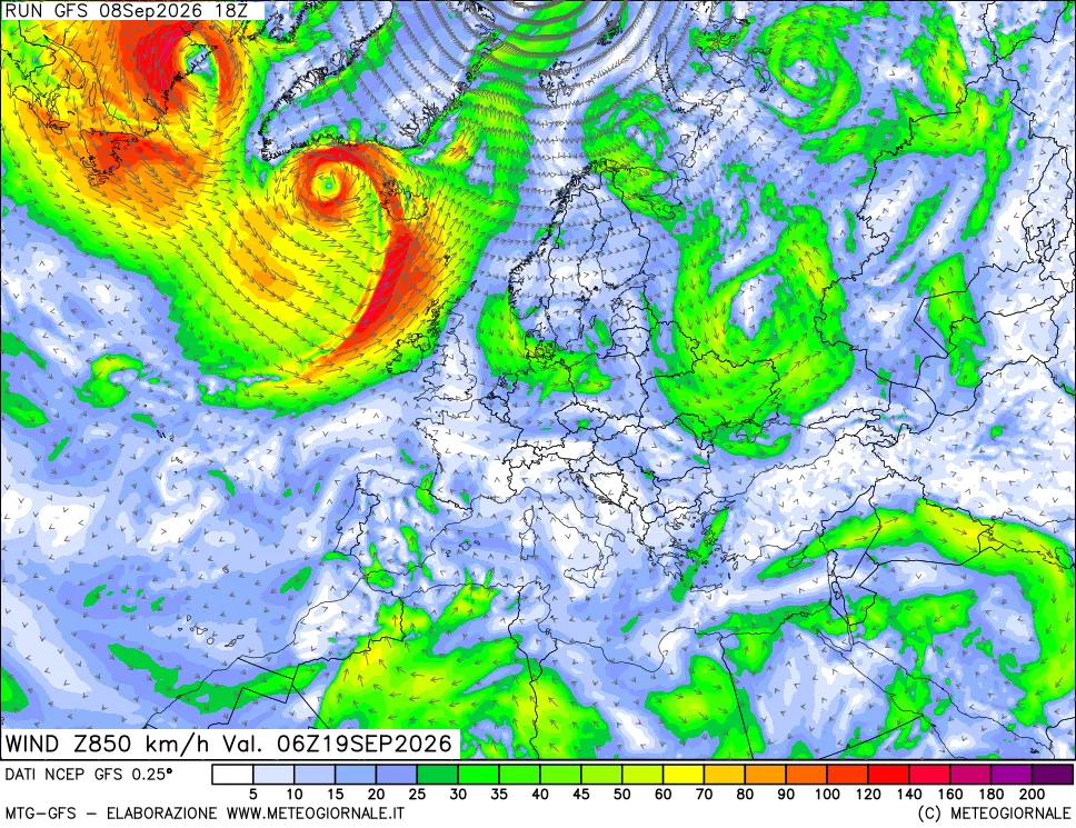 mappa 850 hPa Vento forza e direzione