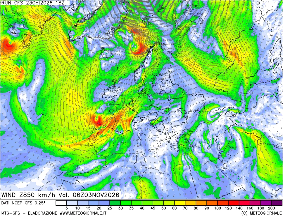 mappa 850 hPa Vento forza e direzione