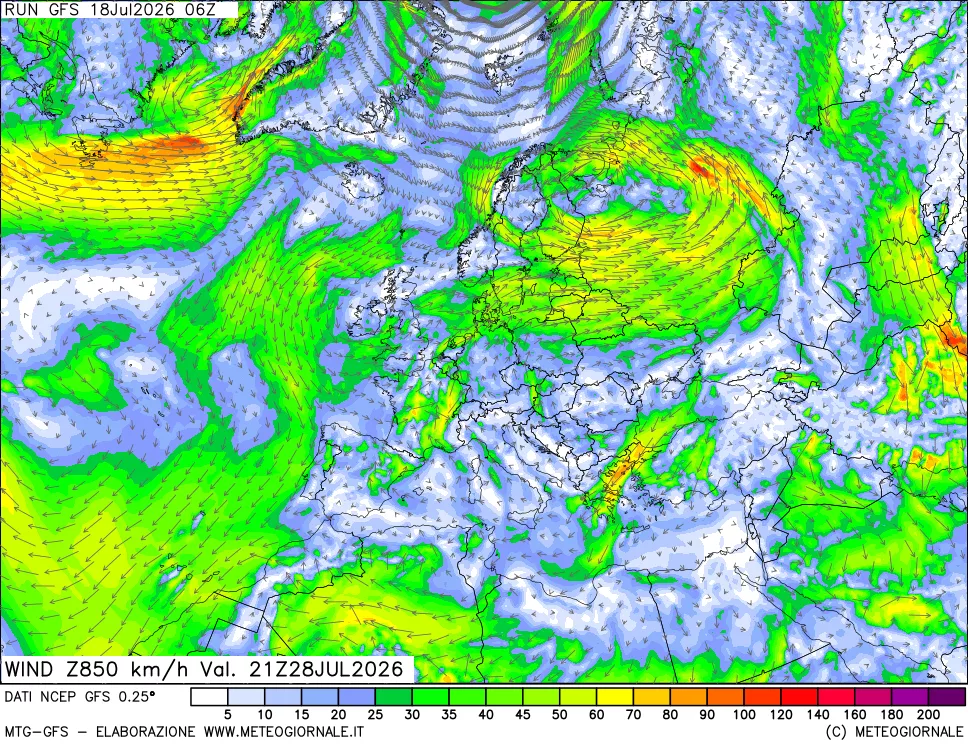 mappa 850 hPa Vento forza e direzione
