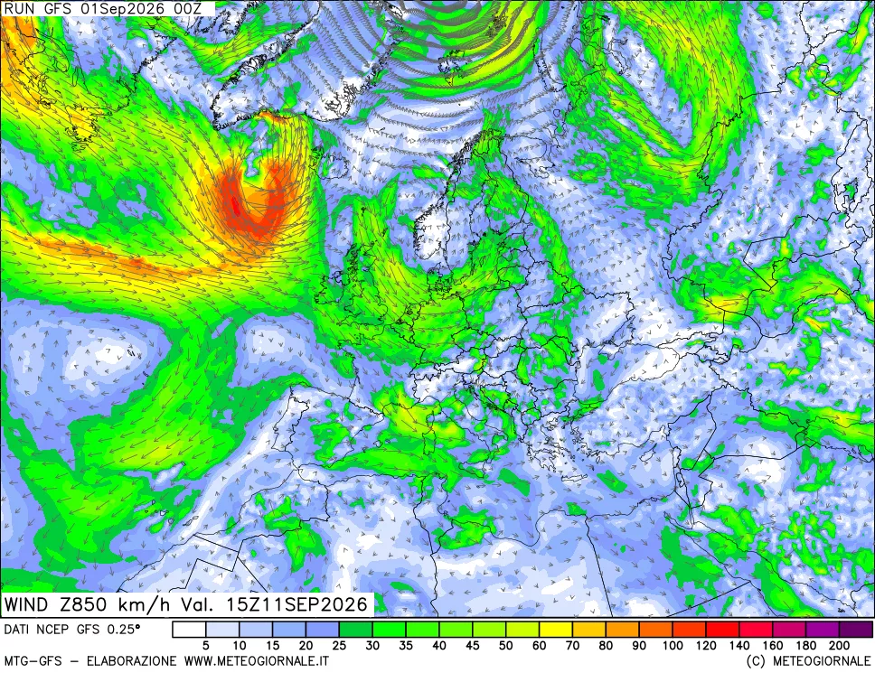 mappa 850 hPa Vento forza e direzione