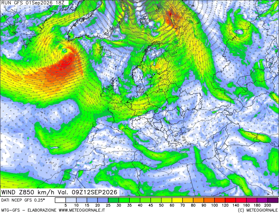 mappa 850 hPa Vento forza e direzione