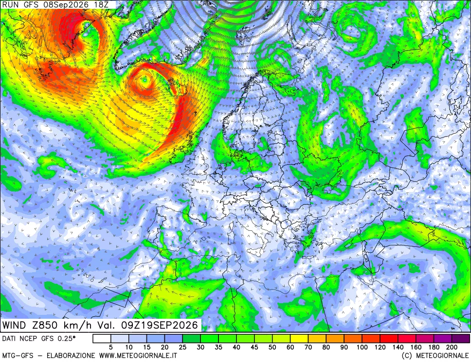 mappa 850 hPa Vento forza e direzione