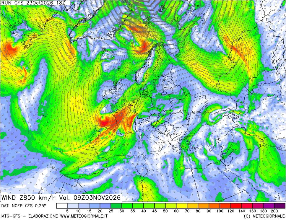 mappa 850 hPa Vento forza e direzione