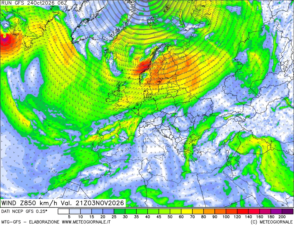 mappa 850 hPa Vento forza e direzione