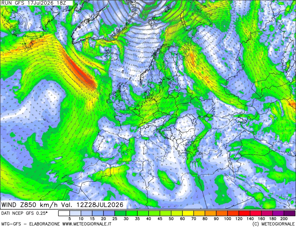 mappa 850 hPa Vento forza e direzione