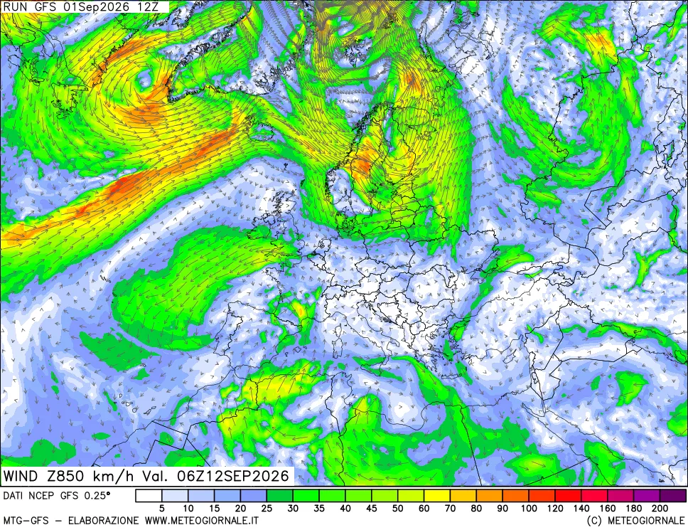 mappa 850 hPa Vento forza e direzione