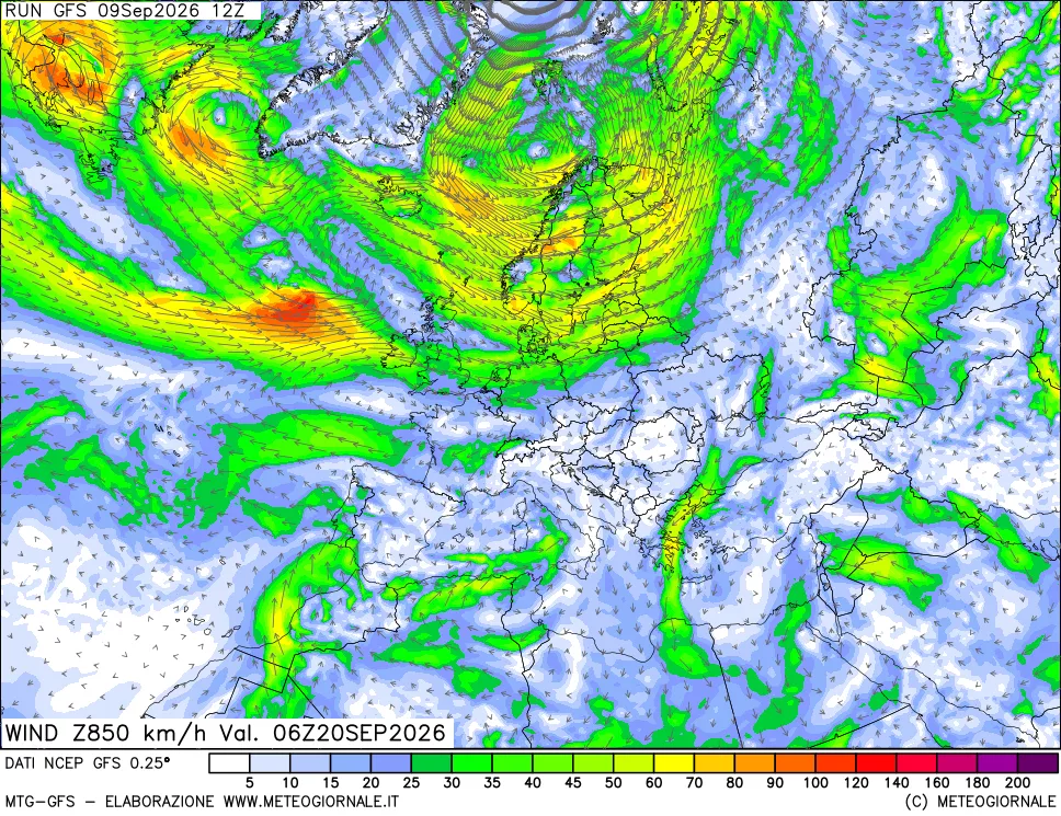 mappa 850 hPa Vento forza e direzione
