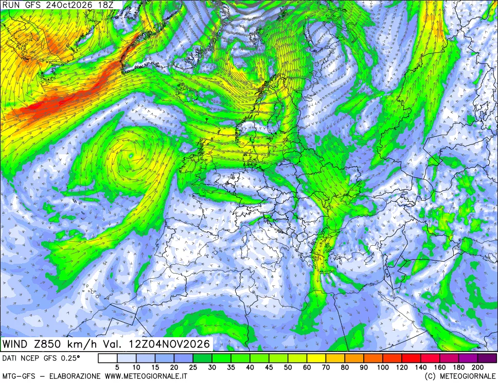 mappa 850 hPa Vento forza e direzione