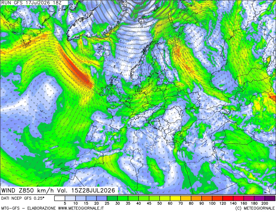 mappa 850 hPa Vento forza e direzione