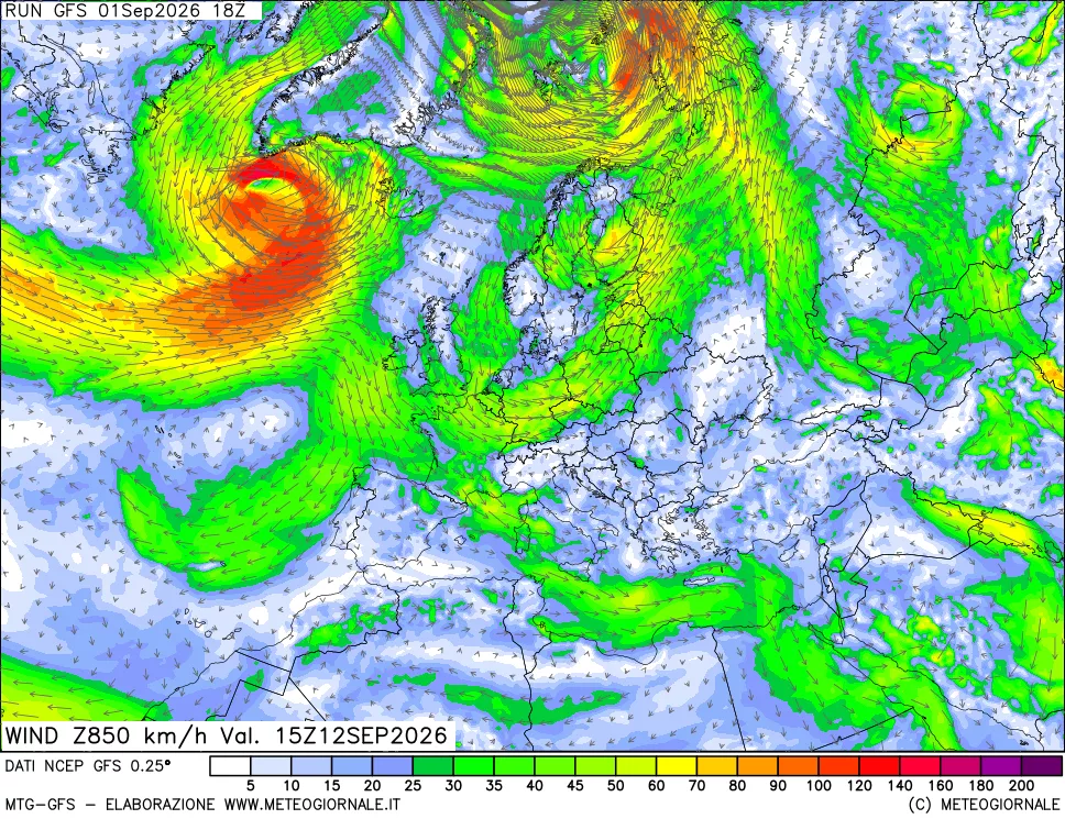 mappa 850 hPa Vento forza e direzione