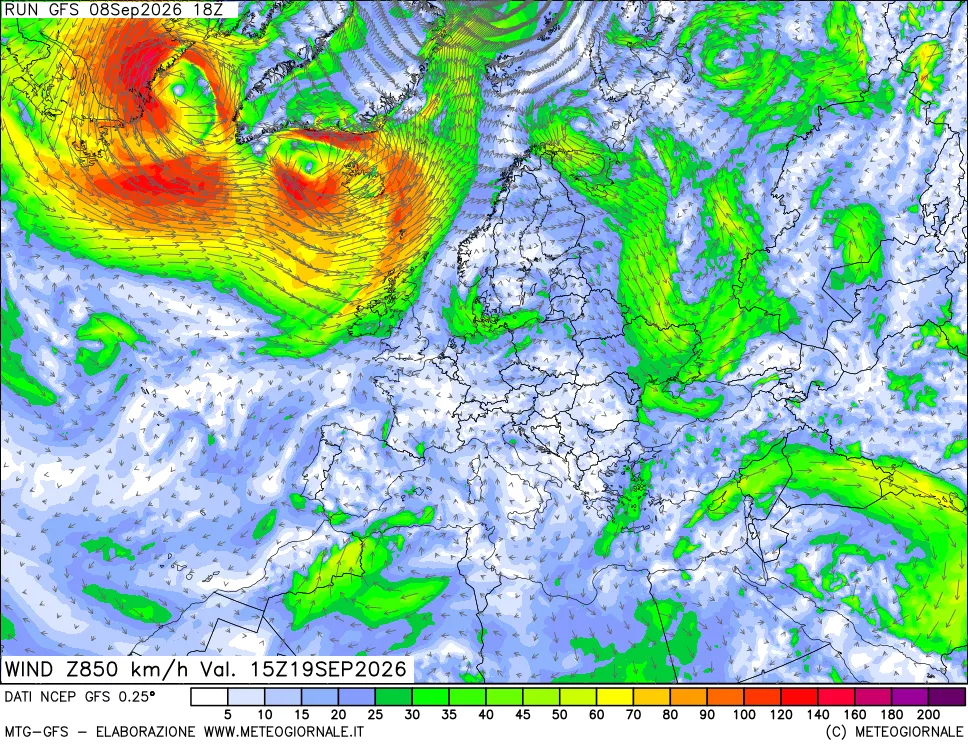 mappa 850 hPa Vento forza e direzione