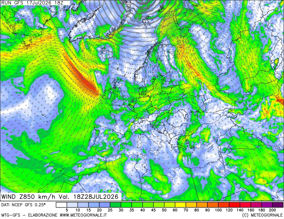 mappa 850 hPa Vento forza e direzione