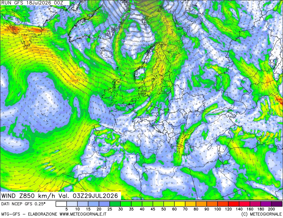 mappa 850 hPa Vento forza e direzione