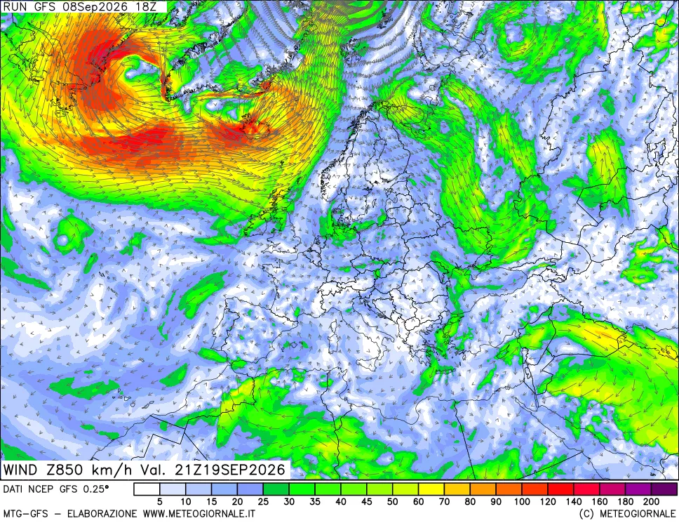 mappa 850 hPa Vento forza e direzione