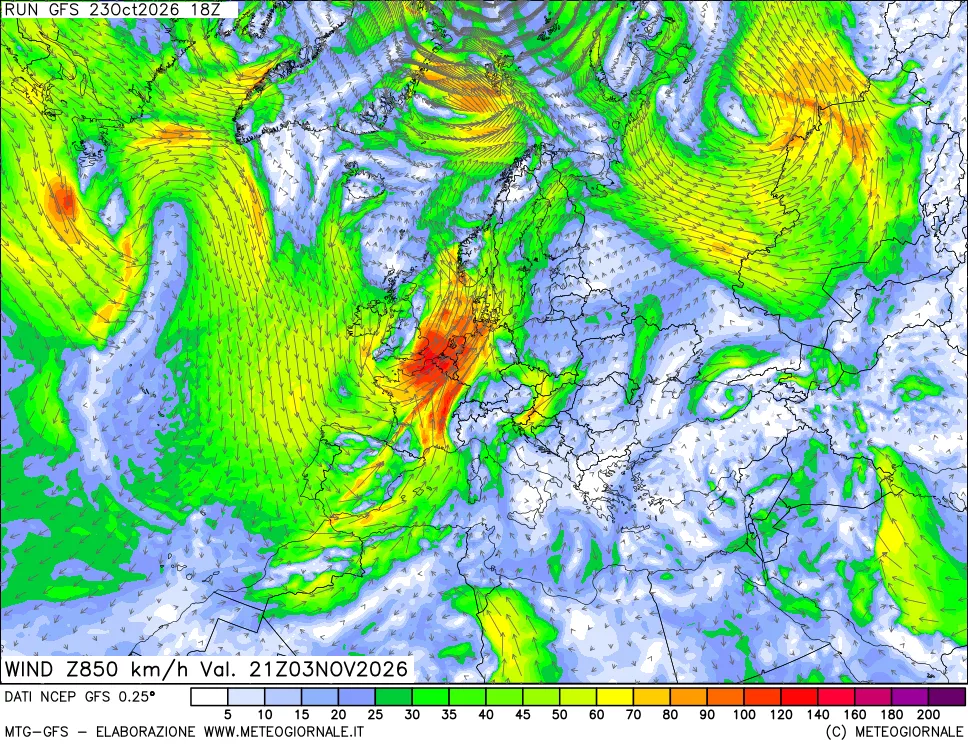 mappa 850 hPa Vento forza e direzione