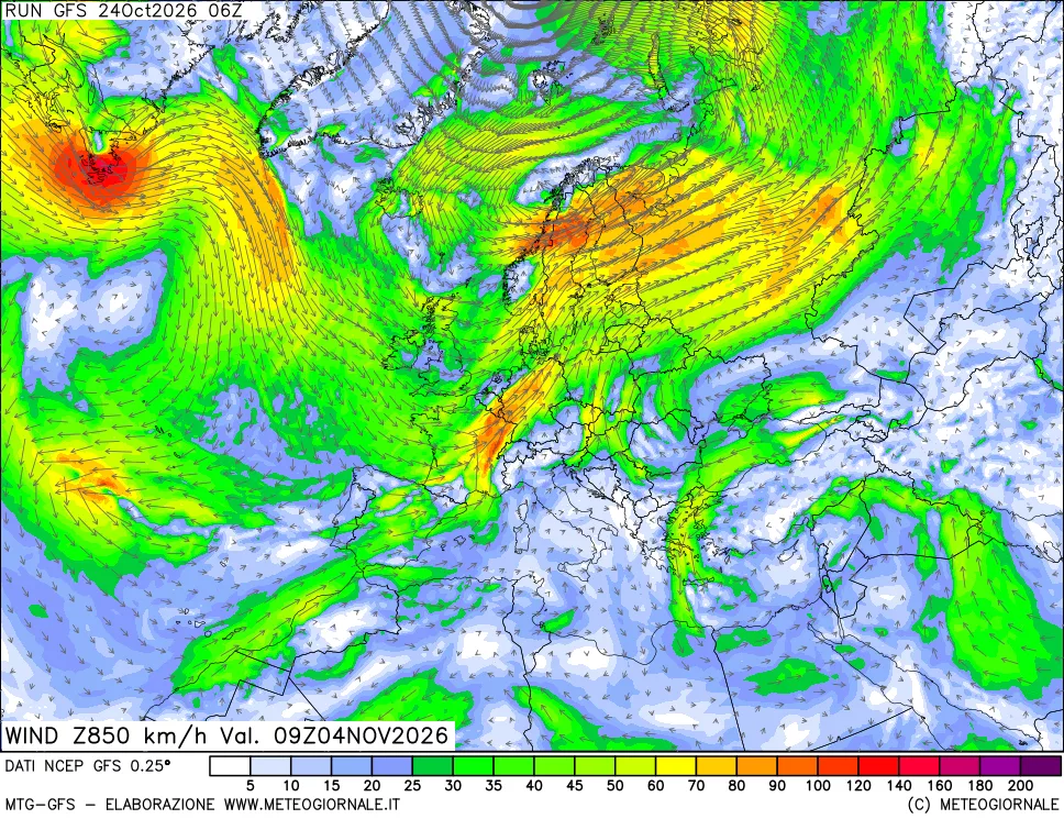 mappa 850 hPa Vento forza e direzione