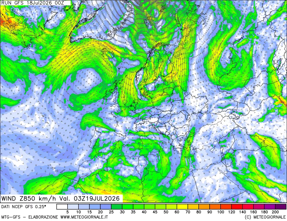 mappa 850 hPa Vento forza e direzione