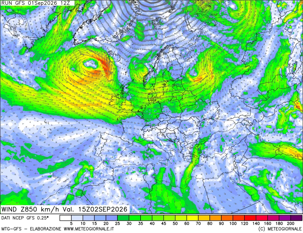 mappa 850 hPa Vento forza e direzione