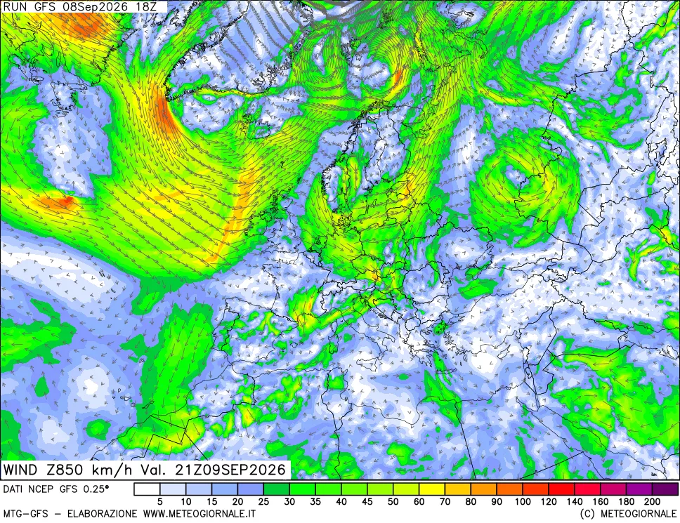 mappa 850 hPa Vento forza e direzione