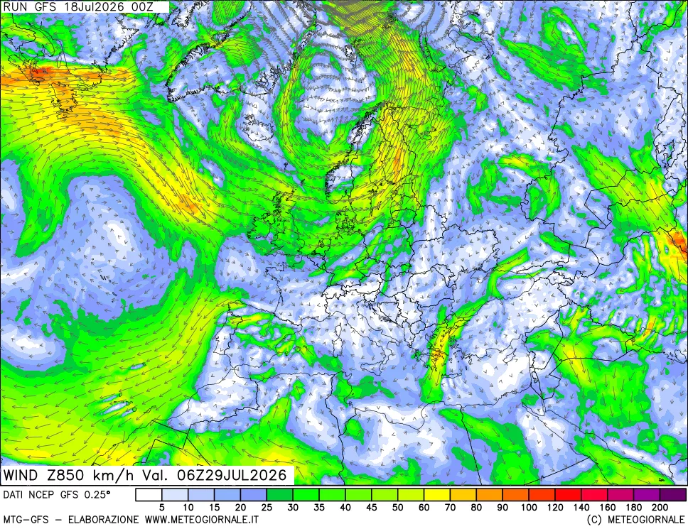 mappa 850 hPa Vento forza e direzione
