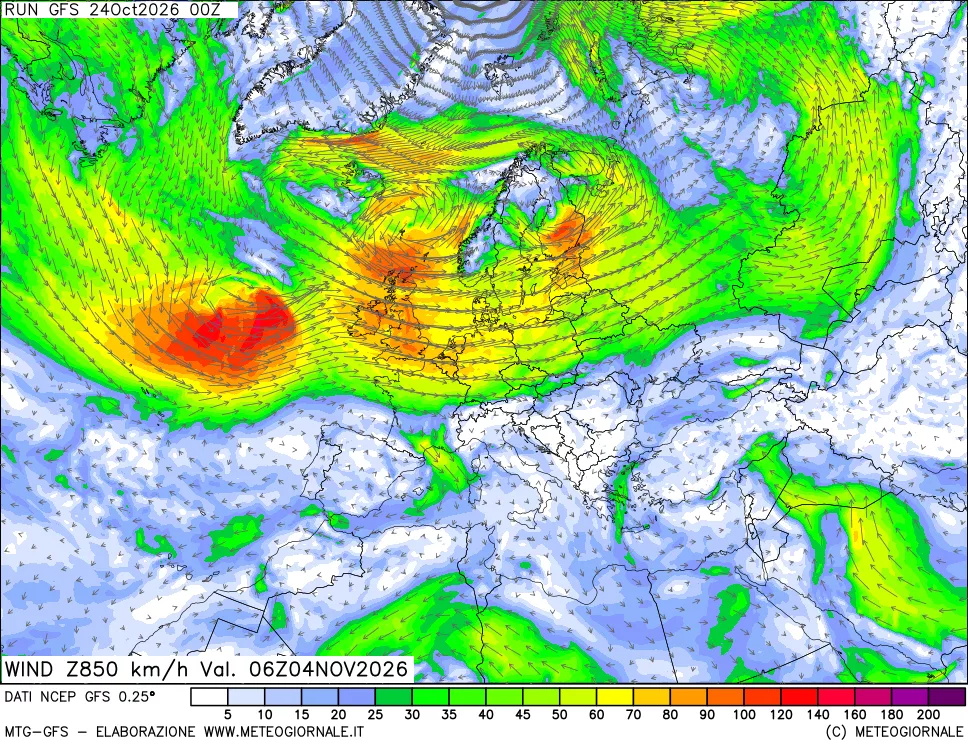mappa 850 hPa Vento forza e direzione