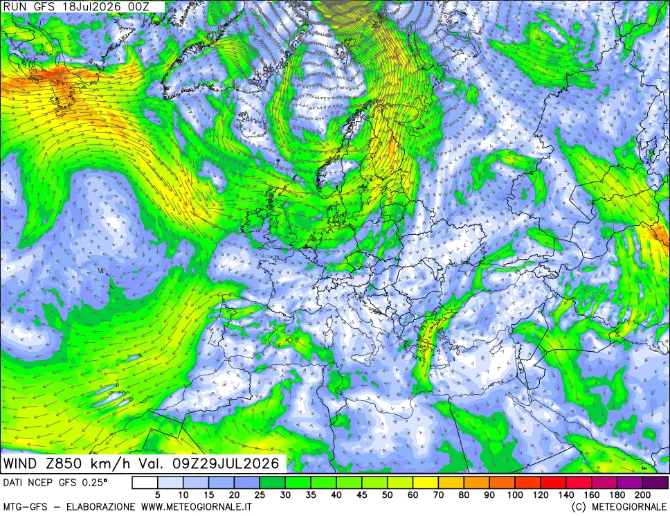 mappa 850 hPa Vento forza e direzione