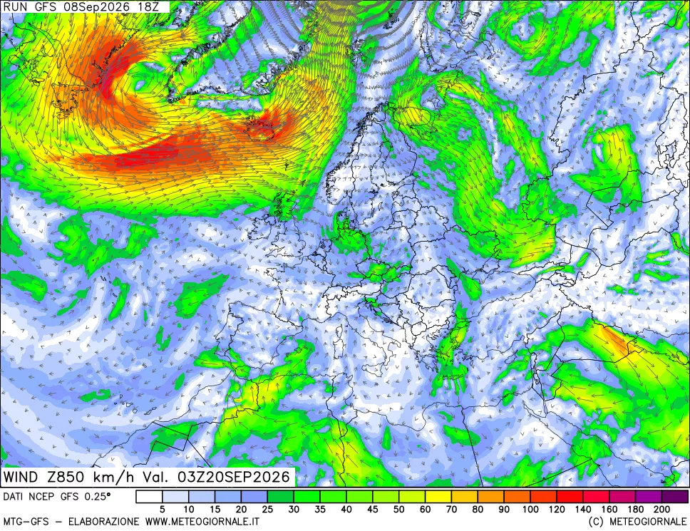 mappa 850 hPa Vento forza e direzione