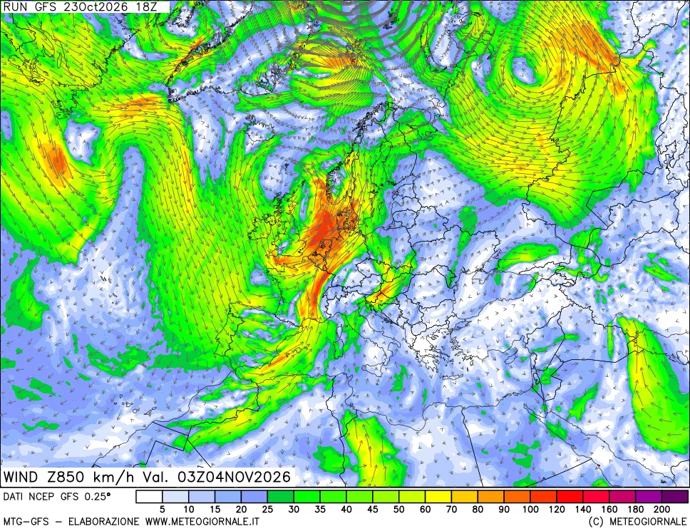 mappa 850 hPa Vento forza e direzione