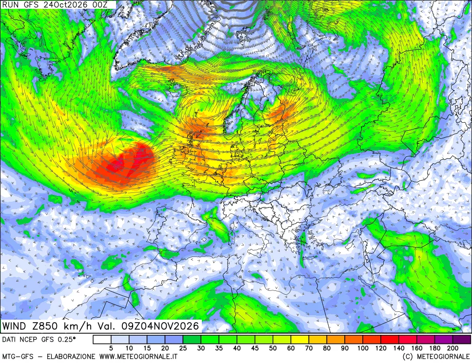 mappa 850 hPa Vento forza e direzione