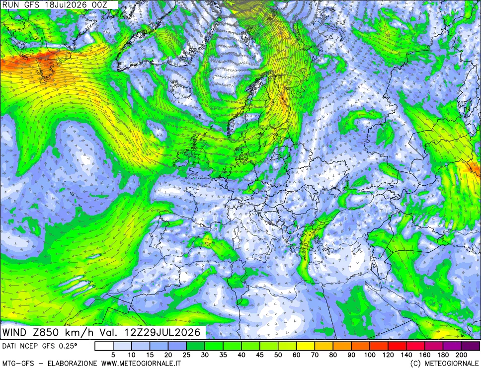 mappa 850 hPa Vento forza e direzione