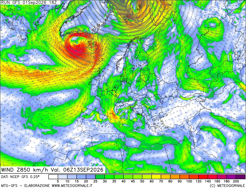mappa 850 hPa Vento forza e direzione