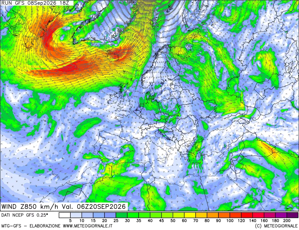 mappa 850 hPa Vento forza e direzione