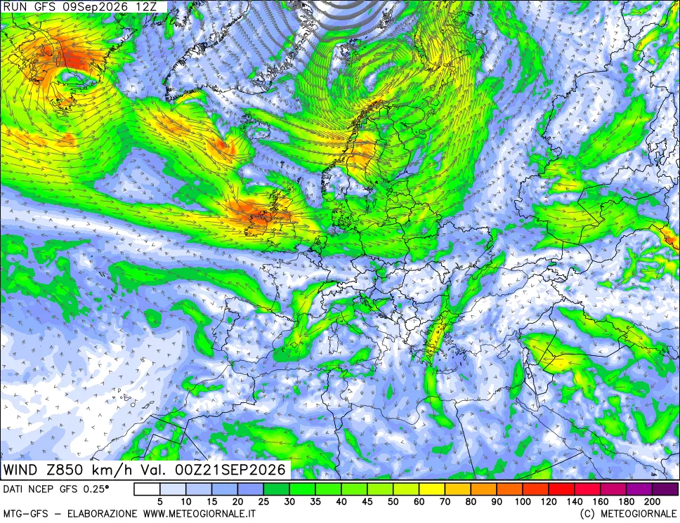 mappa 850 hPa Vento forza e direzione