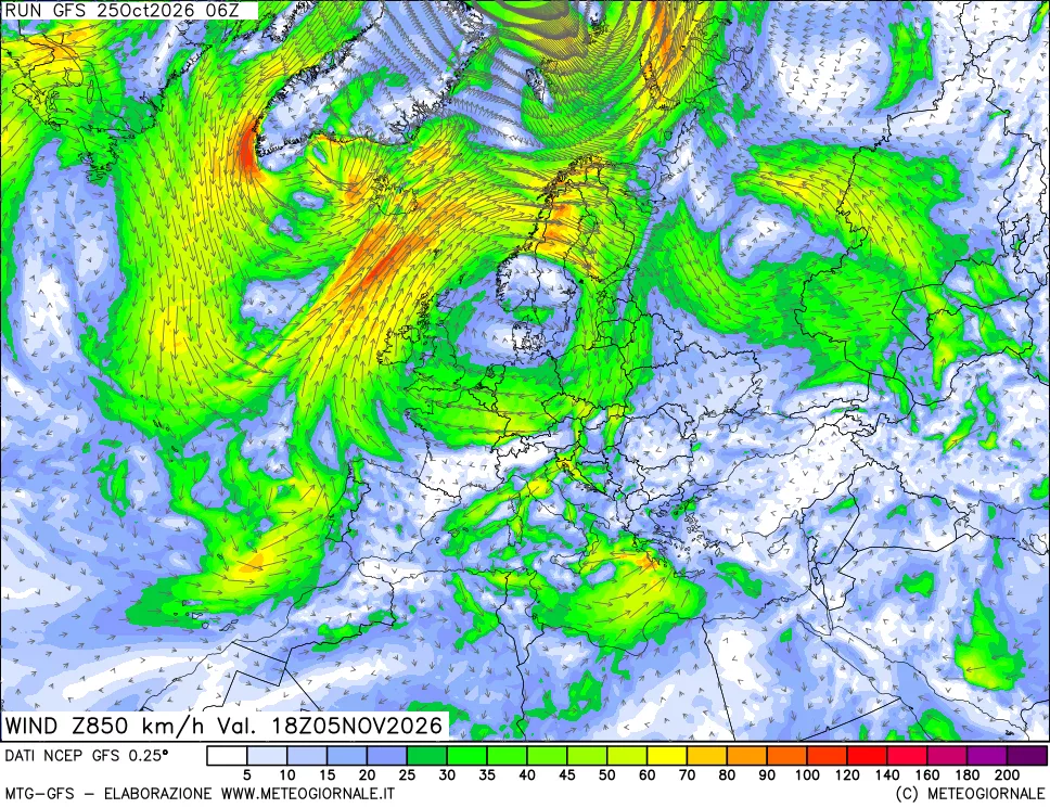 mappa 850 hPa Vento forza e direzione