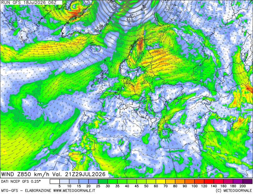 mappa 850 hPa Vento forza e direzione