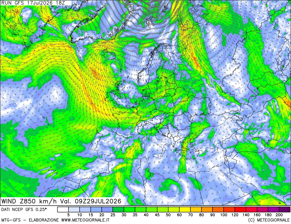 mappa 850 hPa Vento forza e direzione