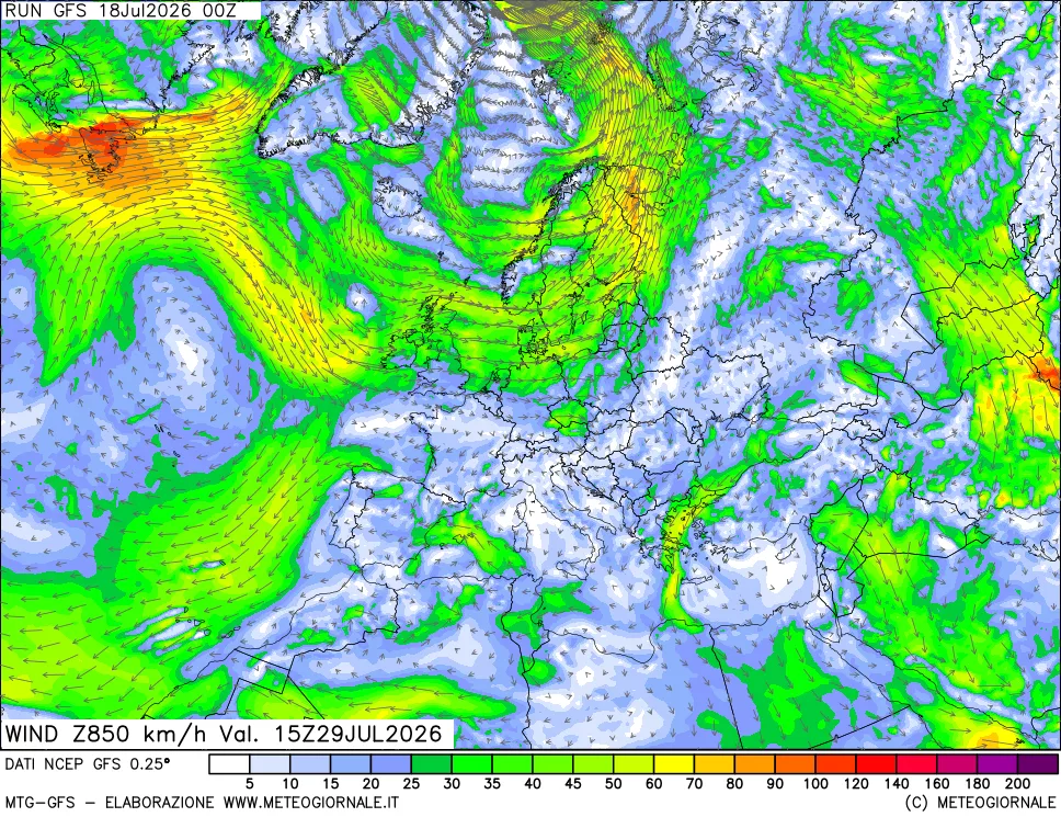 mappa 850 hPa Vento forza e direzione