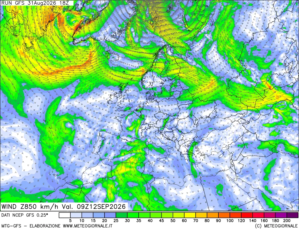 mappa 850 hPa Vento forza e direzione