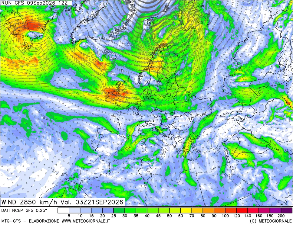 mappa 850 hPa Vento forza e direzione