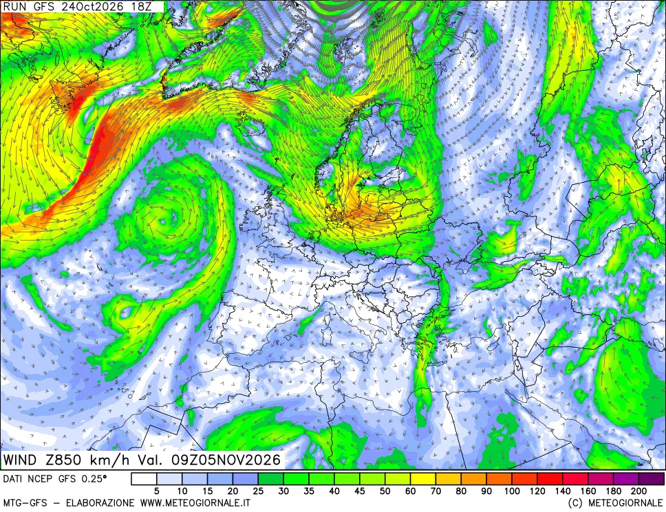 mappa 850 hPa Vento forza e direzione
