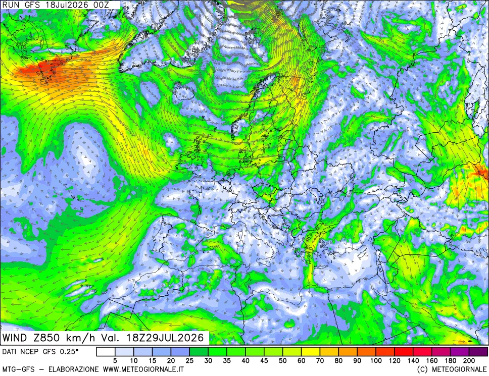 mappa 850 hPa Vento forza e direzione