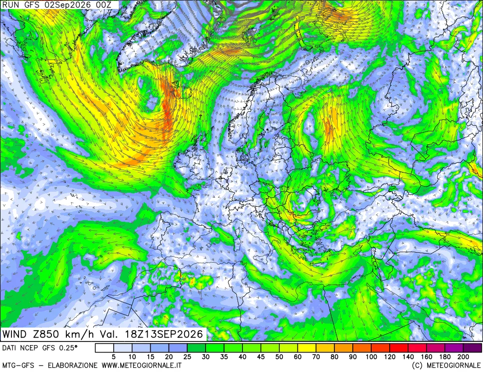 mappa 850 hPa Vento forza e direzione